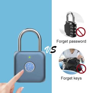 Fingerprint Padlock eLinkSmart Gym Padlock Locker Lock: Blue Metal Keyless Thumbprint Lock for Gym Locker School Locker Backpack Suitcase Luggage