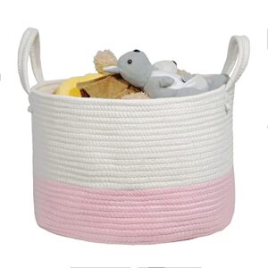 Extra Large Pink Baby Girls Boho Storage Baskets Woven Cotton Rope Nursery Laundry Baskets Bins with Handles Clothes Diapers Hamper Pets Organizer Basket