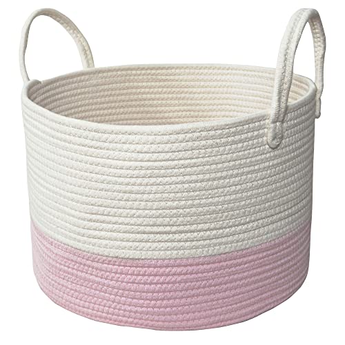 Extra Large Pink Baby Girls Boho Storage Baskets Woven Cotton Rope Nursery Laundry Baskets Bins with Handles Clothes Diapers Hamper Pets Organizer Basket