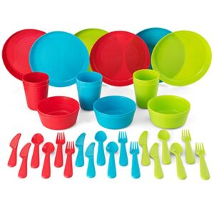 PLASKIDY Kids Plastic Dinnerware Set - 36 Pc Reusable Children's Dinner Set Microwave/Dishwasher Safe BPA Free Toddler Dishes Dinnerware Set Includes Kids Plates and Bowls Kids Cups & Flatware.