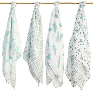 adam & elsa baby swaddling blankets organic silky soft muslin cotton bamboo - exclusive prints - boys & girls unique gift box - unisex 4 pack oversized (aqua blue wish upon star & moon)