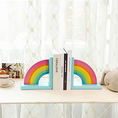 NIKKY HOME Wooden Rainbow Book Ends Non-Skid Cute Kids Bookends Book Stoppers for Girls Home Children's Room Classroom Nursery Decor, Pack of 2