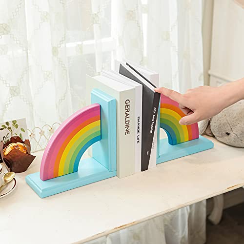 NIKKY HOME Wooden Rainbow Book Ends Non-Skid Cute Kids Bookends Book Stoppers for Girls Home Children's Room Classroom Nursery Decor, Pack of 2