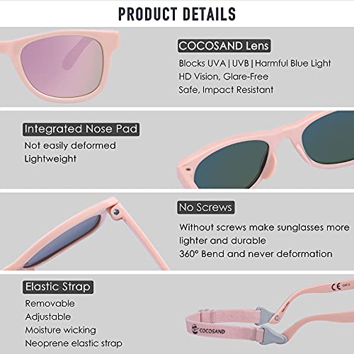 COCOSAND Baby Sunglasses with Strap UV400 Flexible Retro Square for Toddler Kids Boys Girls Age 0-24 Months