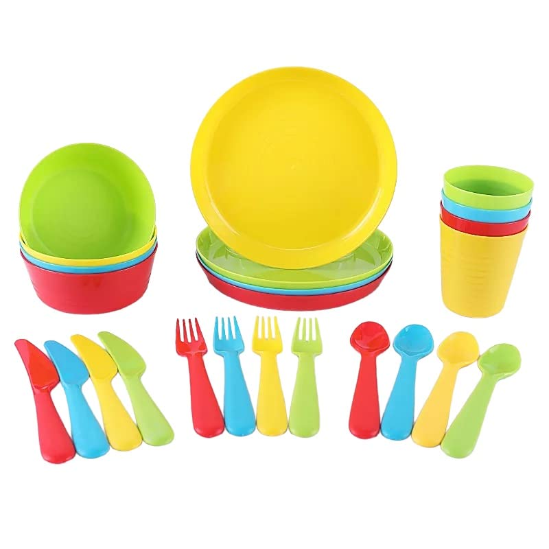 Plaskidy Kids Dinnerware Set for 4-24 Piece Plastic Childrens Dishes Dinnerware Sets Microwave/Dishwasher Safe BPA Free - Toddler Dinner Set Includes Kids Plates and Bowls Kids Cups Flatware Set