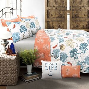 lush decor full queen-blue and coral coastal reef quilt-reversible 7 piece bedding set with feather seashell design