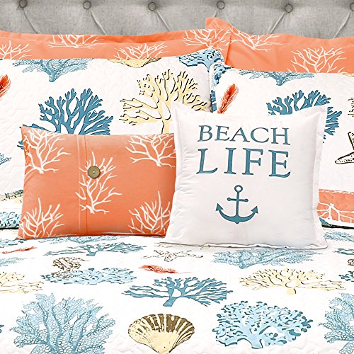 Lush Decor Full Queen-Blue and Coral Coastal Reef Quilt-Reversible 7 Piece Bedding Set with Feather Seashell Design