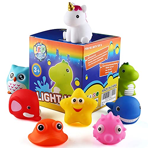 Bath Toys, 8 Pcs Light Up Floating Rubber Animal Toys Set, Flashing Color Changing Light in Water, Baby Infants Kids Toddler Child Preschool Bathtub Bathroom Shower Games Swimming Pool Party