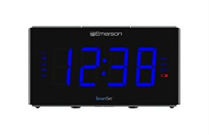 emerson smartset sound therapy alarm clock radio with white noise/nature sounds 1.8" led display black/blue, er100105