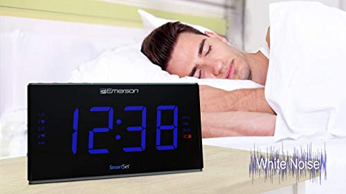 Emerson Smartset Sound Therapy Alarm Clock Radio with White Noise/Nature Sounds 1.8" LED Display Black/Blue, ER100105