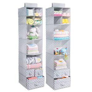 mdesign soft fabric over closet rod hanging storage organizer with 7 shelves and 3 removable drawers for child/kids room or nursery - polka dot pattern - 2 pack - light gray with white dots