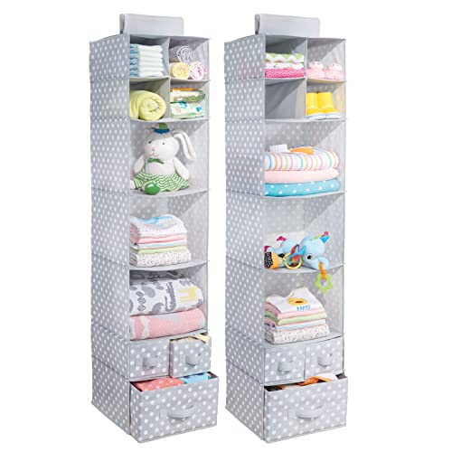 mDesign Soft Fabric Over Closet Rod Hanging Storage Organizer with 7 Shelves and 3 Removable Drawers for Child/Kids Room or Nursery - Polka Dot Pattern - 2 Pack - Light Gray with White Dots