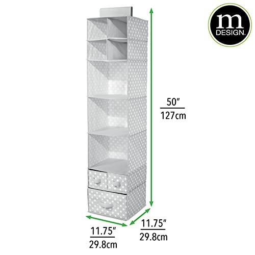 mDesign Soft Fabric Over Closet Rod Hanging Storage Organizer with 7 Shelves and 3 Removable Drawers for Child/Kids Room or Nursery - Polka Dot Pattern - 2 Pack - Light Gray with White Dots