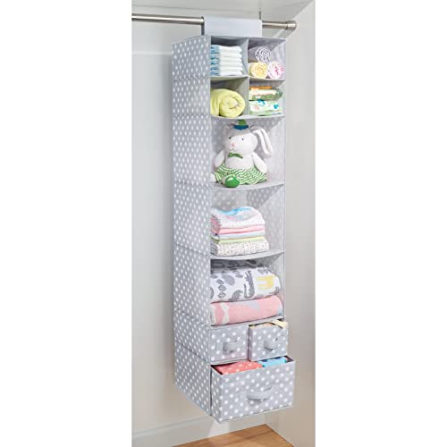 mDesign Soft Fabric Over Closet Rod Hanging Storage Organizer with 7 Shelves and 3 Removable Drawers for Child/Kids Room or Nursery - Polka Dot Pattern - 2 Pack - Light Gray with White Dots