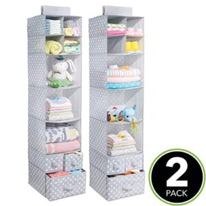 mDesign Soft Fabric Over Closet Rod Hanging Storage Organizer with 7 Shelves and 3 Removable Drawers for Child/Kids Room or Nursery - Polka Dot Pattern - 2 Pack - Light Gray with White Dots