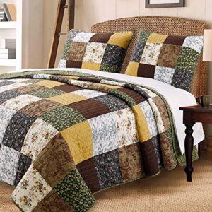 cozy line home fashions andy mustard yellow country farmhouse real patchwork quilt bedding set, 100% cotton reversible coverlet, bedspread (brown olive, king - 3 piece)