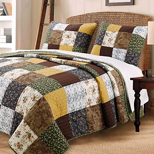 Cozy Line Home Fashions Andy Mustard Yellow Country Farmhouse Real Patchwork Quilt Bedding Set, 100% Cotton Reversible Coverlet, Bedspread (Brown Olive, King - 3 Piece)