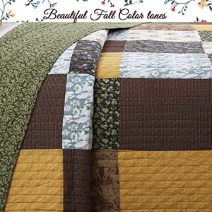 Cozy Line Home Fashions Andy Mustard Yellow Country Farmhouse Real Patchwork Quilt Bedding Set, 100% Cotton Reversible Coverlet, Bedspread (Brown Olive, King - 3 Piece)