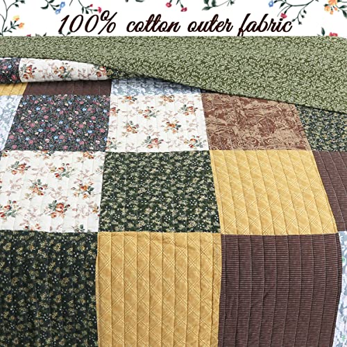 Cozy Line Home Fashions Andy Mustard Yellow Country Farmhouse Real Patchwork Quilt Bedding Set, 100% Cotton Reversible Coverlet, Bedspread (Brown Olive, King - 3 Piece)