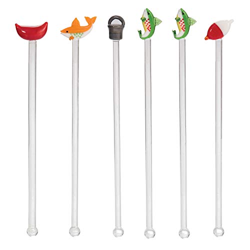 Beachcombers Fishing Variety 8 Inch Glass Cocktail Drink Stirrers Boxed Set of 6