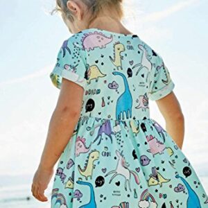 Toddler Girl's Dinosaur Summer Dresses Clothes,Short Sleeve Casual Outfits 4t Blue