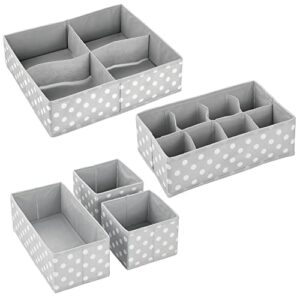 mDesign Soft Fabric Dresser Drawer/Closet Divided Storage Organizer Bins for Nursery - Holds Blankets, Bibs, Socks, Lotion, Clothes, Shoes, Toys - Set of 5 - Gray/White Polka Dot
