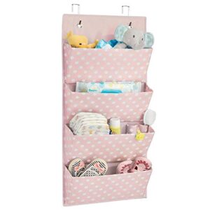 mdesign soft fabric wall mount/over door vertical hanging storage organizer center - 4 large pockets for baby child/kids bedroom, nursery, playroom, closet - pink/white polka dot