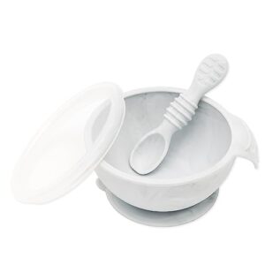 bumkins suction silicone baby feeding set, bowl, lid, spoon, bpa-free, first feeding, baby led weaning - marbled