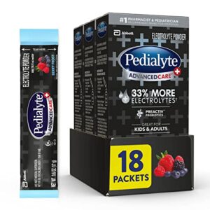 pedialyte advancedcare plus electrolyte powder, with 33% more electrolytes and preactiv prebiotics, berry frost, drink powder packets, 0.6 oz, 18 count