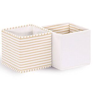 baby nursery storage cloth totes/bins 2-pack in white and gold stripes and solids - 7 inch collapsible foldable fabric cubes for nursery, home, or office organizer