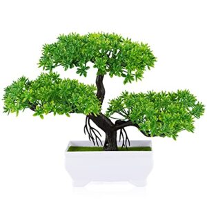 frjjthchy mini artificial bonsai tree plants with plastic cement pots for home office décor (green)