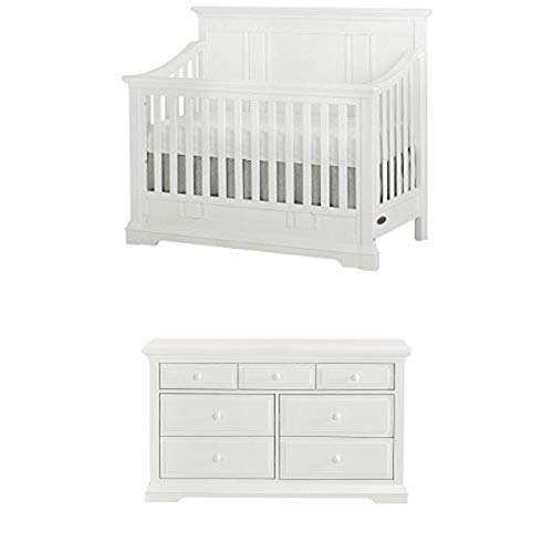 Evolur Parker 5 in 1 Convertible Crib, Winter White with Double Dresser