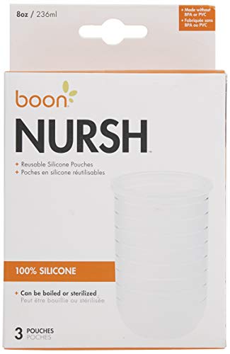 Boon, NURSH Reusable Silicone Replacement Pouch, Air-Free Feeding, 3 Months and up, 8 Ounce (Pack of 3)