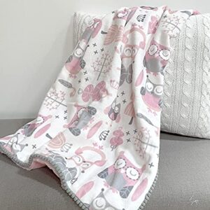 Levtex Baby - Night Owl Pink Plush Blanket - Tossed Owls and Trees on Soft Plush with RIC Rac Trim - Pink, Grey, White - Nursery Accessories - Blanket Size: 30 x 40 in.