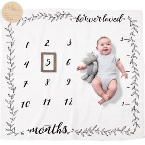 organic baby monthly milestone blanket boy or girl - months blanket with wood frame and newborn announcement disc - growth chart milestone blanket neutral, 1-12 month milestones, 47”x47”