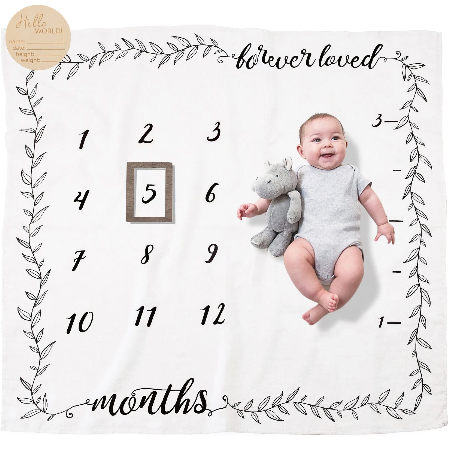 Organic Baby Monthly Milestone Blanket Boy or Girl - Months Blanket with Wood Frame and Newborn Announcement Disc - Growth Chart Milestone Blanket Neutral, 1-12 Month Milestones, 47”x47”