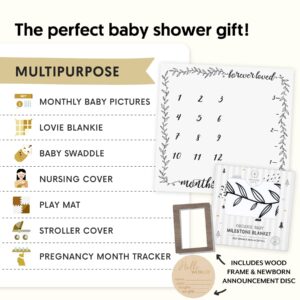 Organic Baby Monthly Milestone Blanket Boy or Girl - Months Blanket with Wood Frame and Newborn Announcement Disc - Growth Chart Milestone Blanket Neutral, 1-12 Month Milestones, 47”x47”