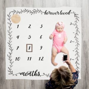 Organic Baby Monthly Milestone Blanket Boy or Girl - Months Blanket with Wood Frame and Newborn Announcement Disc - Growth Chart Milestone Blanket Neutral, 1-12 Month Milestones, 47”x47”