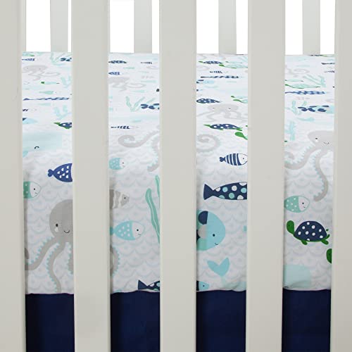 Lambs & Ivy Oceania 100% Cotton Fitted Crib Sheet - White with Blue Nautical/Aquatic Fish and Octopus