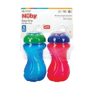 Nuby 2 Piece No Spill Easy Grip Trainer Cup 10 oz, Blue/Red