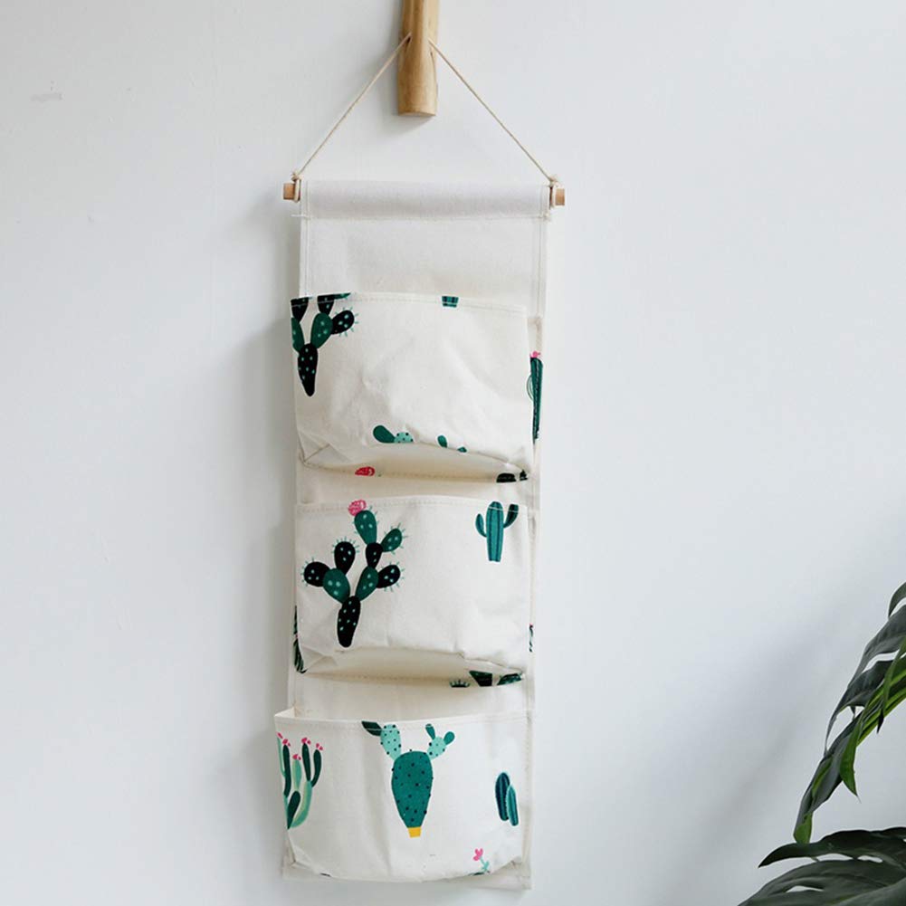 Cactus Pineapple Hanging Storage Bag Cotton Linen Wall Door Closet Wall Storage Organiser with 3 Pockets