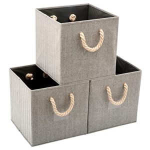 ezoware set of 3 storage baskets cubes bins with cotton rope handle, collapsible boxes organizer container - gray for nursery toys household items -13inch