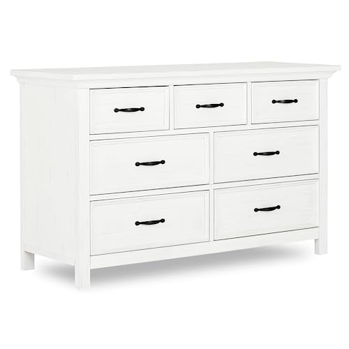 Evolur Belmar Double Dresser in Weathered White, Comes Assembled, Included Anti-Tip Kit, Seven Spacious Drawers, Dresser For Nursery, Bedroom, Wooden Nursery Furniture