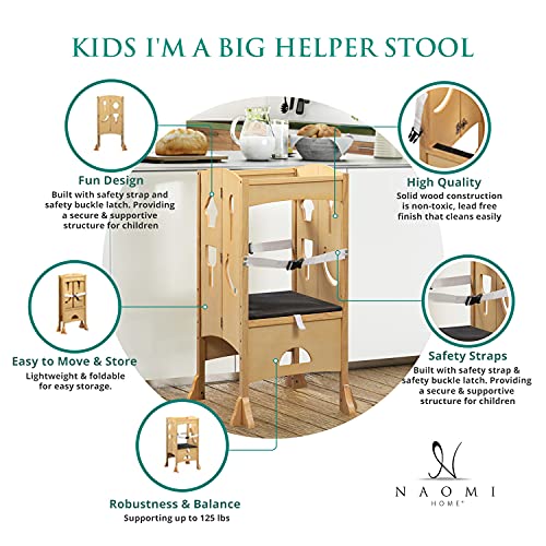 Naomi Home Kids I'm a Big Helper, Kitchen Step Stool for Toddlers with Safety Rail, Children Standing Tower for Learning Little Helper, Solid Wooden Counter Stool for Kids Natural