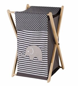 bacati elephants unisex hamper cover with natural finish wood frame and mesh liner, grey