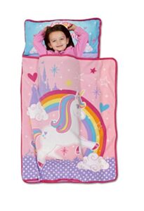 funhouse unicorn kids nap-mat set – includes pillow and fleece blanket – great for girls napping during daycare or preschool - fits toddlers, pink