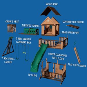 Backyard Discovery Woodridge Elite All Cedar Wood Swing Set, Upper and Lower Deck, Sandbox, Vented Tunnel, Rock Climbing Wall, Coated Rope Belted Swings, Acrobat Bar, Bench Seating, 10 ft Slide