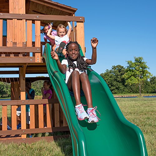 Backyard Discovery Woodridge Elite All Cedar Wood Swing Set, Upper and Lower Deck, Sandbox, Vented Tunnel, Rock Climbing Wall, Coated Rope Belted Swings, Acrobat Bar, Bench Seating, 10 ft Slide