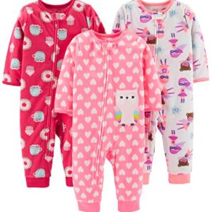 Simple Joys by Carter's Baby Girls' Loose-Fit Fleece Footless Pajamas, Pack of 3, Superhero/Donut/Owl, 24 Months