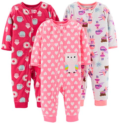 Simple Joys by Carter's Baby Girls' Loose-Fit Fleece Footless Pajamas, Pack of 3, Superhero/Donut/Owl, 24 Months